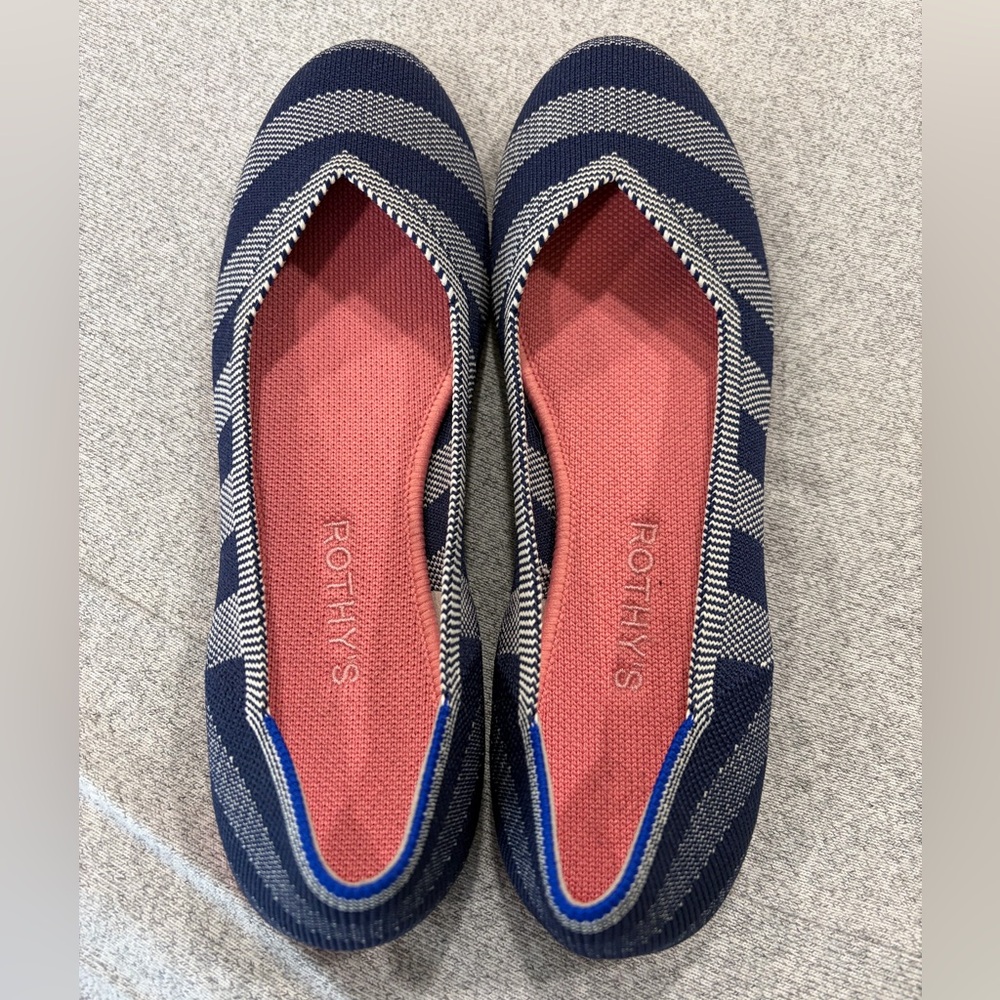 Rothy's Navy Stripe Knit Ballet Flat with Coral Insole
